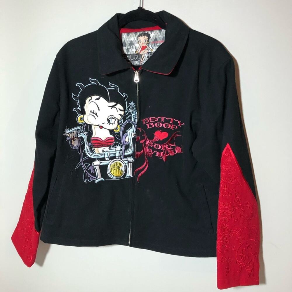 JH Designs Betty Boop motorcycle black red cotton jacket embroidered womens xl